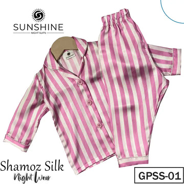 Pink Striped Printed Shamoz Silk Pajamas Set for Girls (GPSS-01) with premium silk, available in sizes for toddlers to pre-teens.