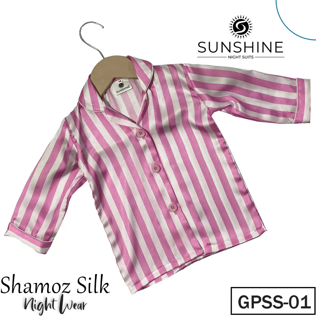 Pink Striped Printed Shamoz Silk Pajamas Set for Girls (GPSS-01) with premium silk, available in sizes for toddlers to pre-teens.