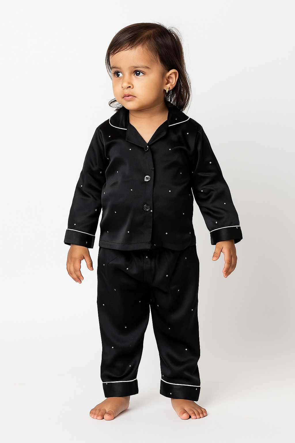 Black & White Tiny Dots Printed Shamoz Silk Pajamas Set For Girls – GPSS-09