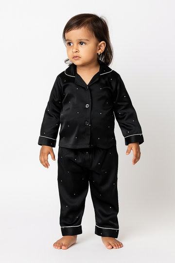Black & White Tiny Dots Printed Shamoz Silk Pajamas Set For Girls – GPSS-09