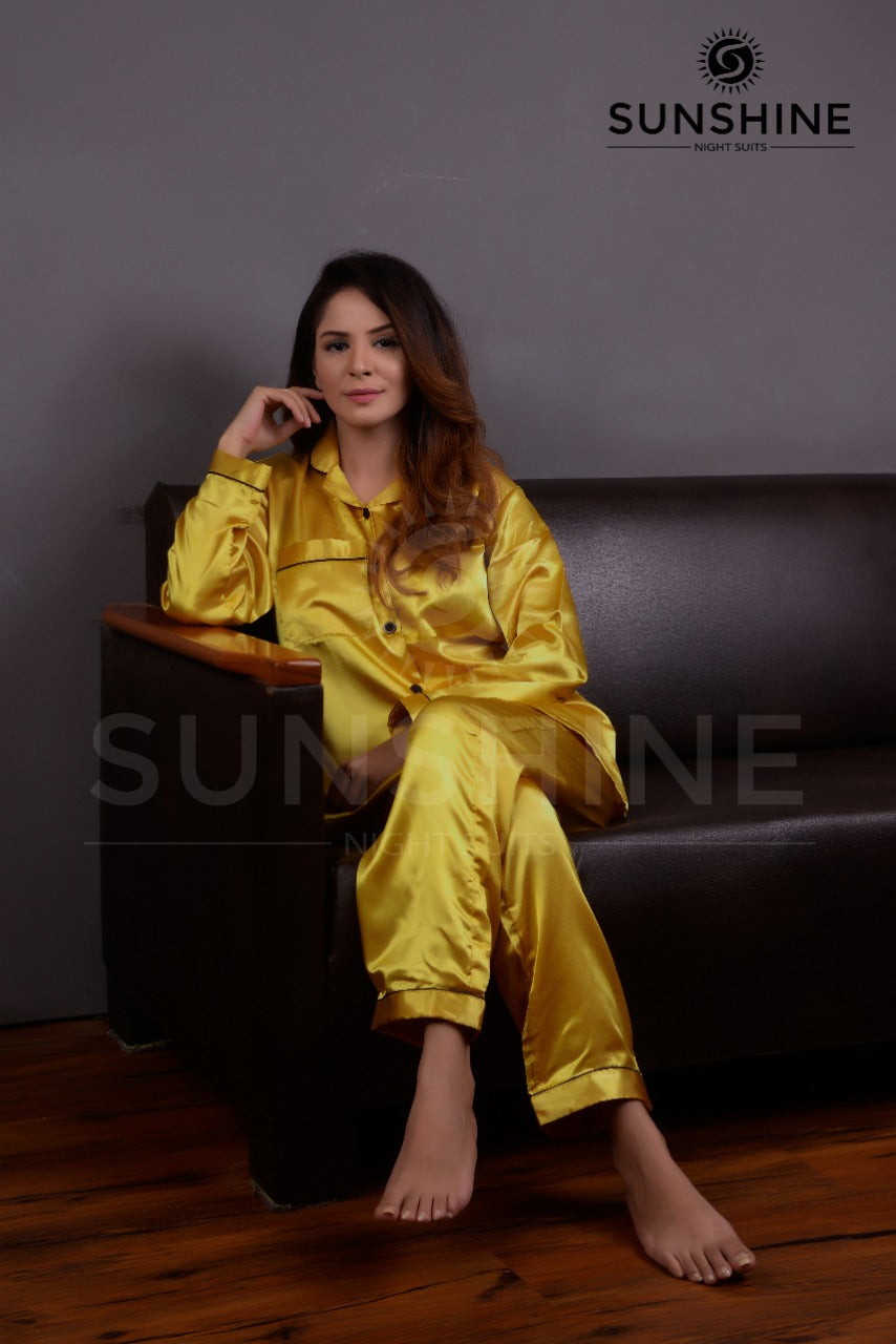 Purchase Golden Silk Pajamas for Women Online at MaaRss.Explore our collection of premium black silk pajamas tailored for women. This set includes a stylish button-down long-sleeve top and relaxed-fit pants. Elevate your sleepwear with these luxurious and