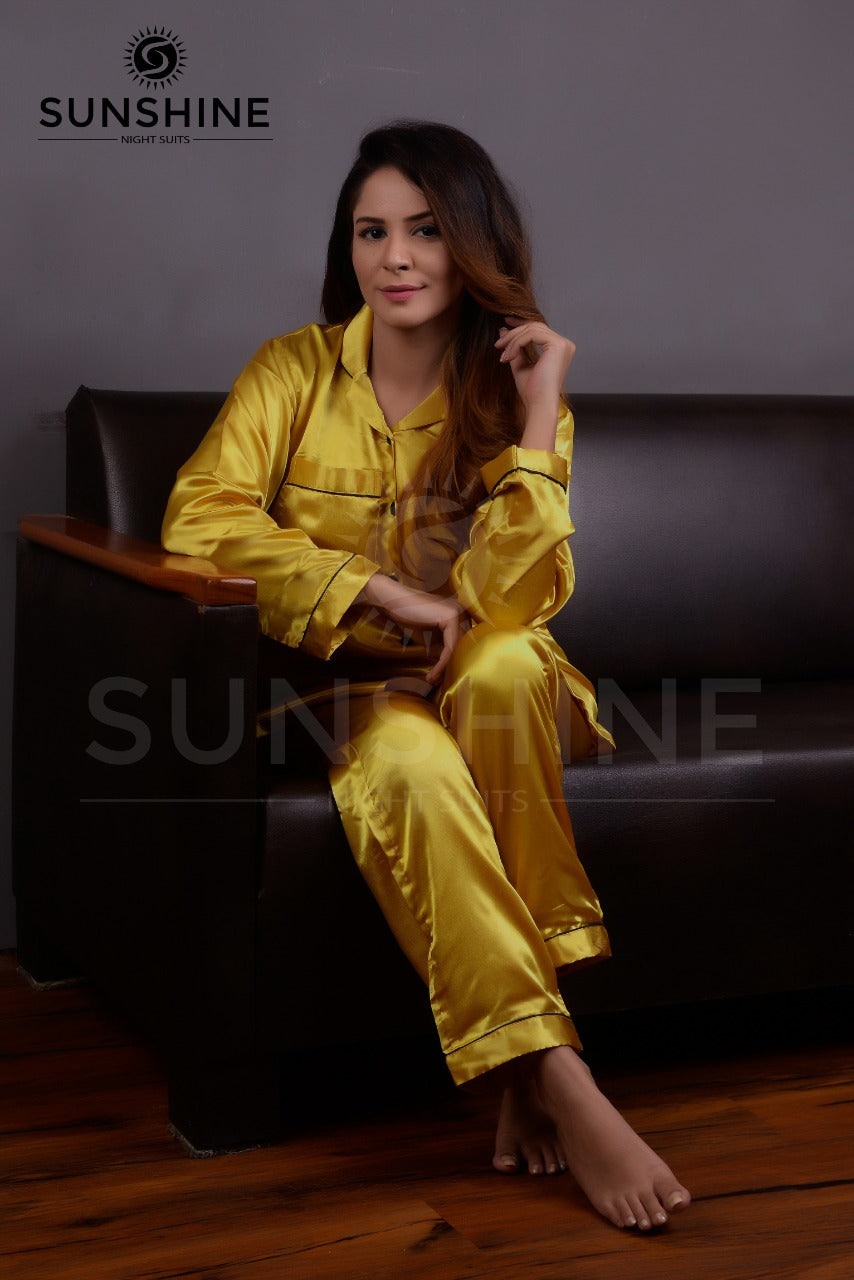 Purchase Golden Silk Pajamas for Women Online at MaaRss.Explore our collection of premium black silk pajamas tailored for women. This set includes a stylish button-down long-sleeve top and relaxed-fit pants. Elevate your sleepwear with these luxurious and