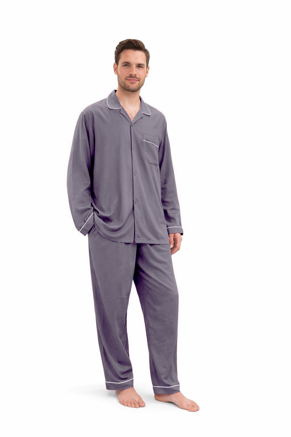Grey plain linen night suit for men with long sleeves and contrast piping, relaxed fit sleepwear set