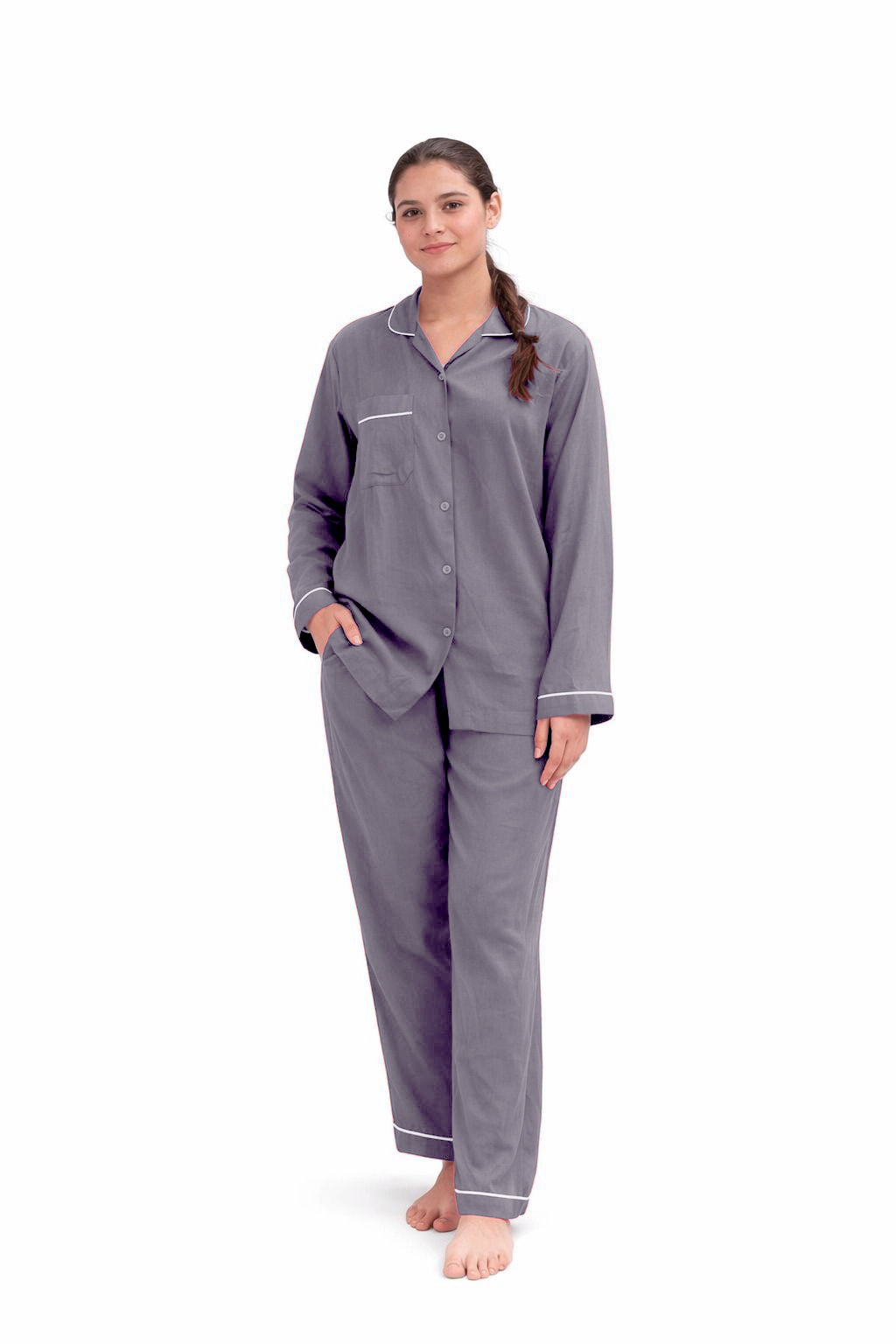 grey plain linen night suit for women with button-down shirt and relaxed fit pajama set