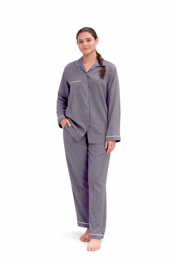 grey plain linen night suit for women with button-down shirt and relaxed fit pajama set