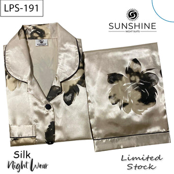 Champagne Black Floral Printed Silk Nightdress LPS-191