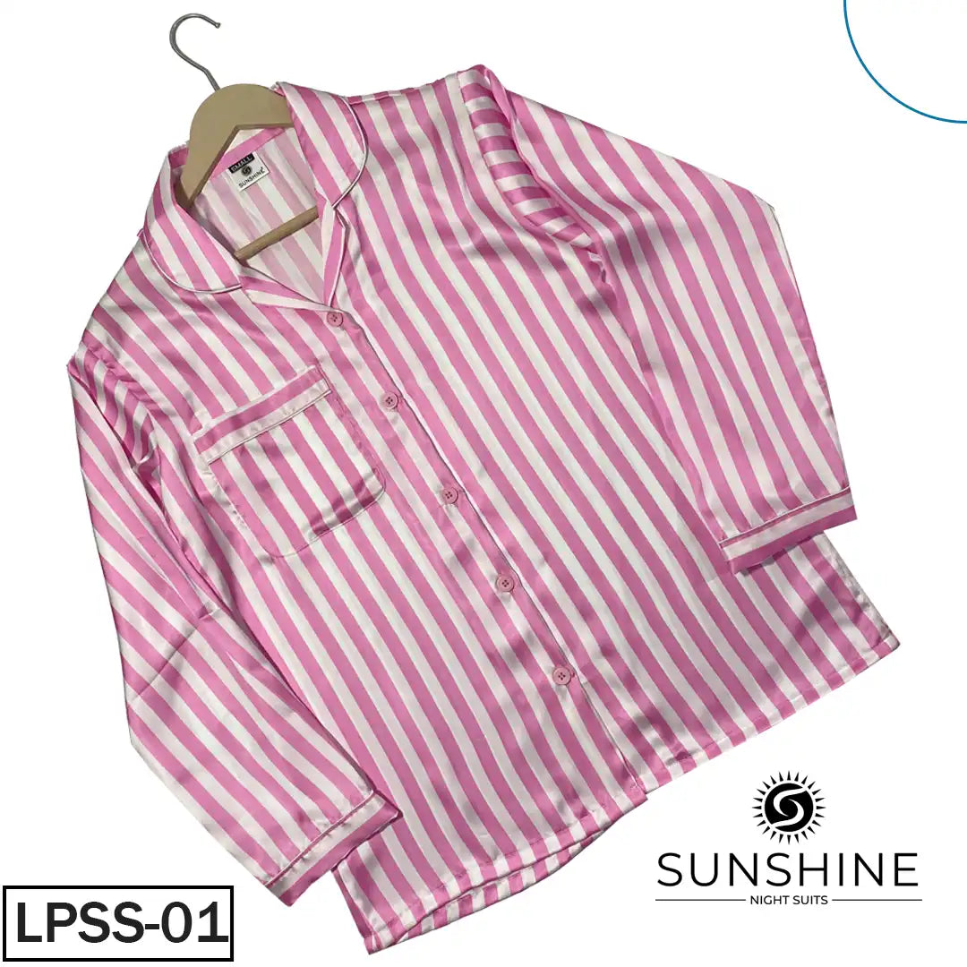 Pink Striped Printed Shamoz Silk Pajamas Set for Women (LPSS-01).