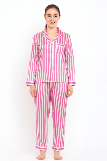 Pink Stripe Printed Shamoz Silk Nightdress LPSS-01