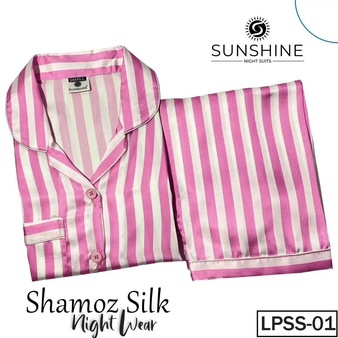 Pink Striped Printed Shamoz Silk Pajamas Set for Women (LPSS-01).