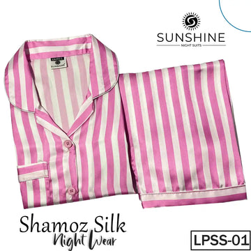 Pink Striped Printed Shamoz Silk Pajamas Set for Women (LPSS-01).