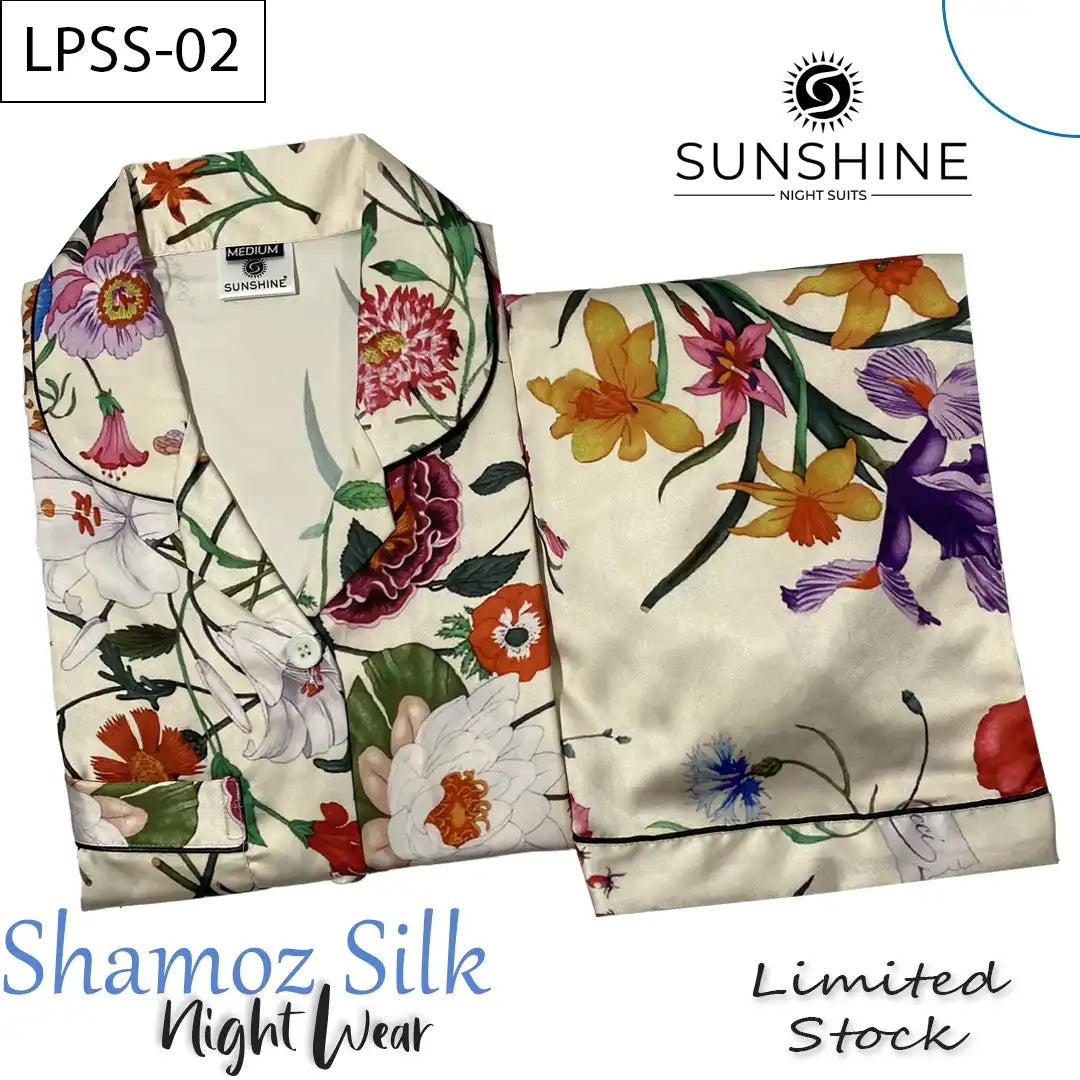 Multi Flowers Printed Shamoz Silk Pajamas Set for Women (LPSS-02).