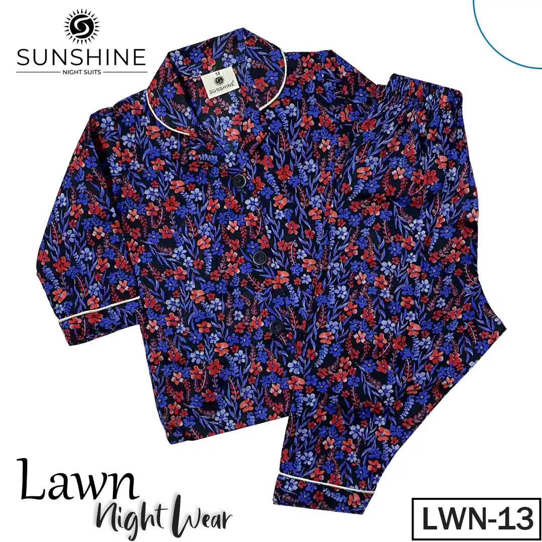 Blue Floral Printed Lawn Pajamas Set for Girls – LWN-13, made from premium lawn cotton, providing ultimate comfort and style for cozy nights.