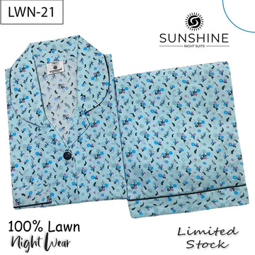 Aqua Blue Floral Printed 100% Lawn Nightdress – LWN-21