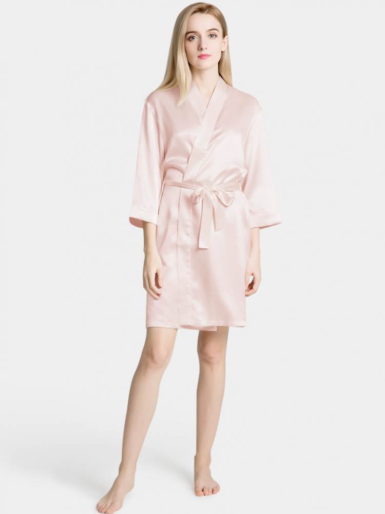 Pink Cashmere Short Robe Light Pink Silk Satin Kimono Short Robe – Maarss Online