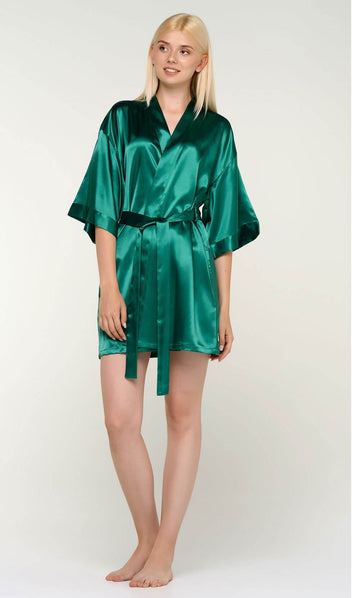 Sea Green Silk Satin Kimono Short Robe