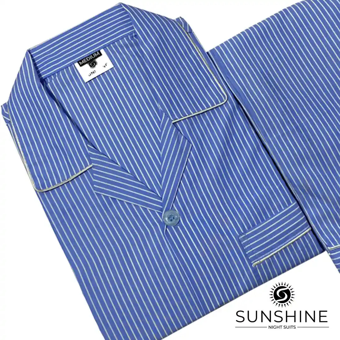 Azure Blue Striped 100% Cotton Night Suit for Men with long sleeves and matching pajamas.