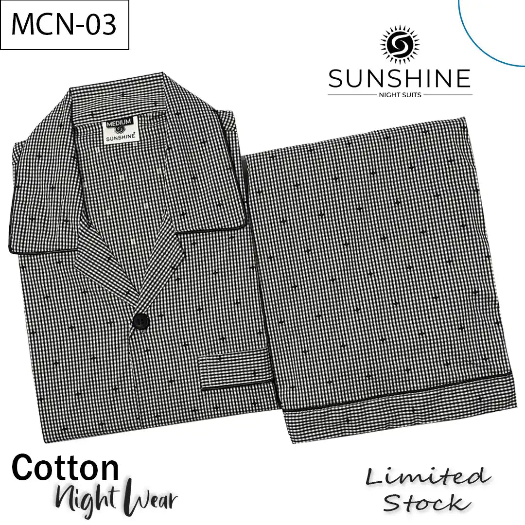 Black Pin Check Cotton Night Suit for Men with long sleeves and matching pajamas.