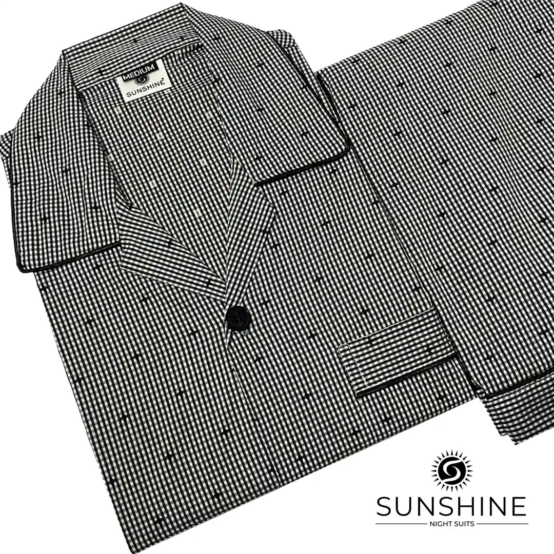 Black Pin Check Cotton Night Suit for Men with long sleeves and matching pajamas.