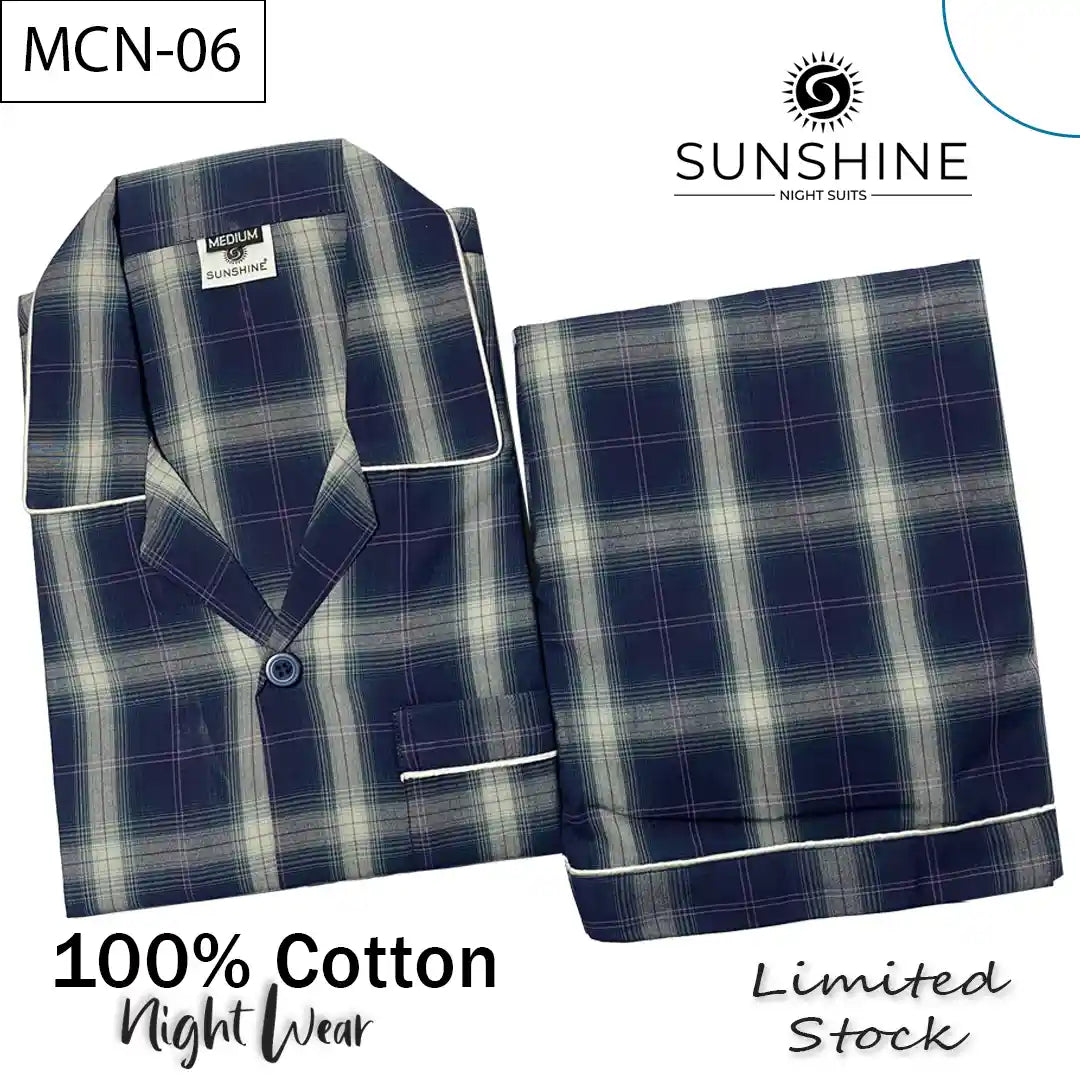 Navy Blue Check 100% Cotton Night Suit for Men with long sleeves and matching pajamas.