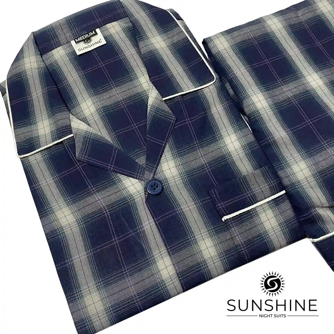 Navy Blue Check 100% Cotton Night Suit for Men with long sleeves and matching pajamas.