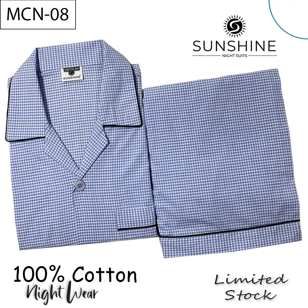 Sky Blue Check 100% Cotton Night Suit for Men with long sleeves and matching pajamas.