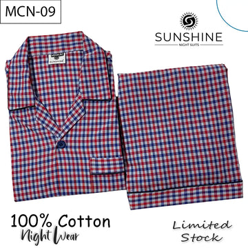 Multi Color Gingham Check 100% Cotton Night Suit for Men with long sleeves and matching pajamas.