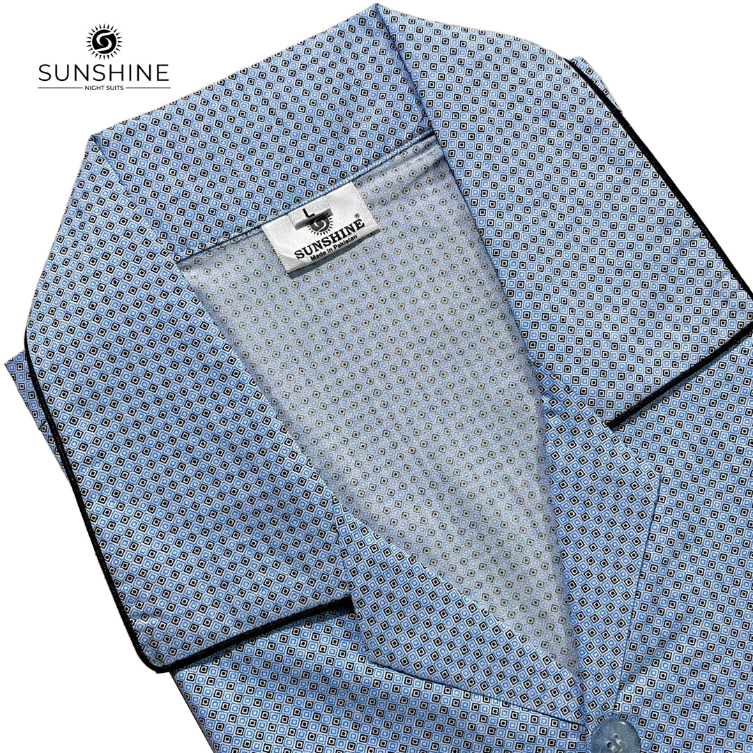 Glacier Blue Geometric Printed 100% Cotton Night Suit – MCN-109