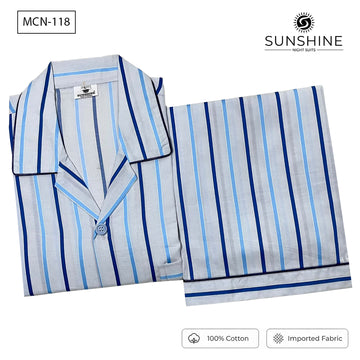 Sky Blue Navy Stripe 100% Cotton Night Suit for Men – MCN-118