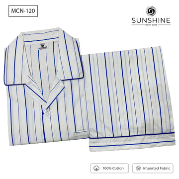 White Royal Blue Stripe 100% Cotton Night Suit for Men – MCN-120