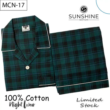 Green Black Tartan Check 100% Cotton Night Suit for Men with long sleeves and matching pajamas.