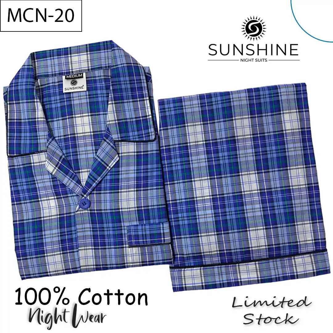 Blue Plaid Check 100% Cotton Night Suit for Men with long sleeves and matching pajamas.