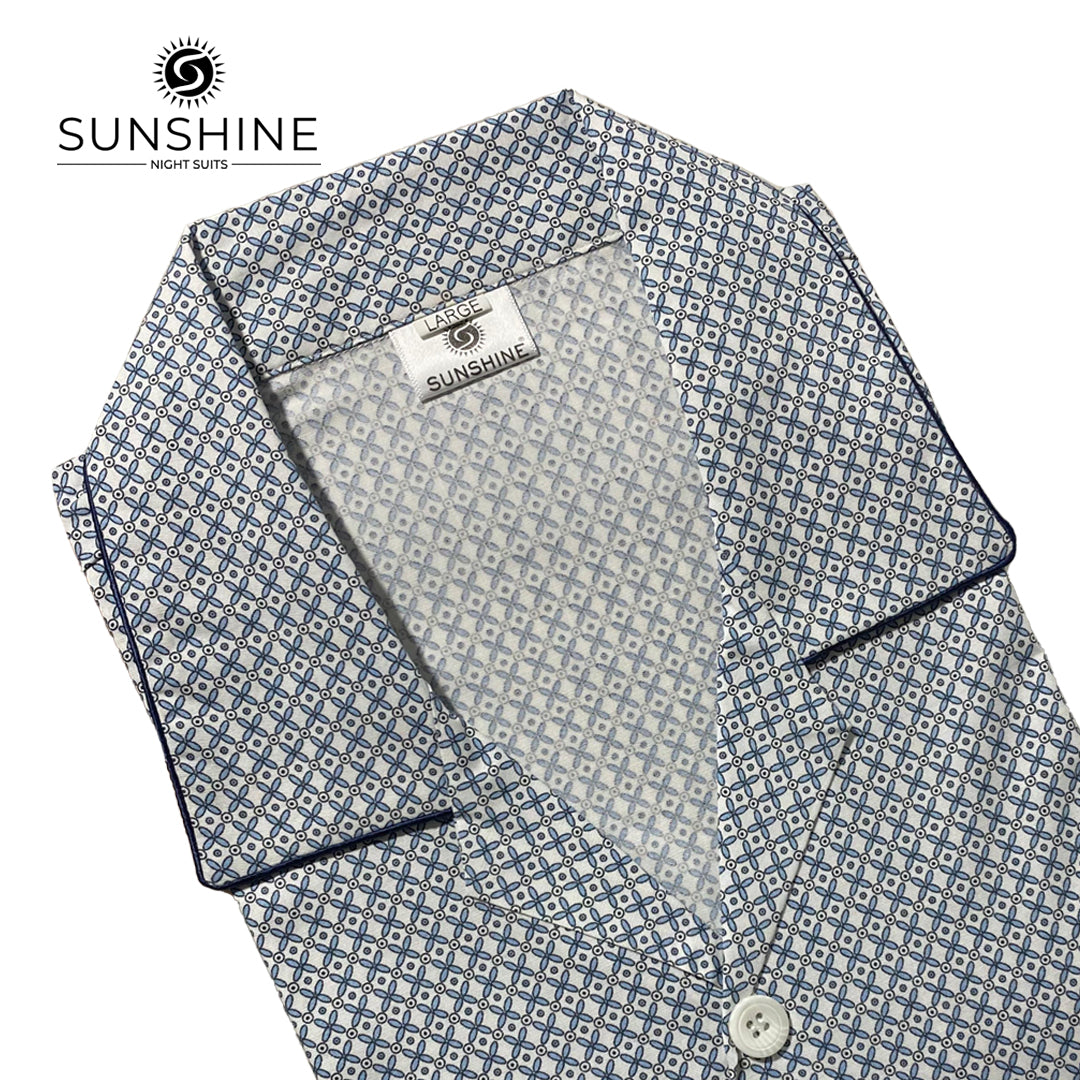 Blue White Geometric Printed 100% Cotton Night Suit – MCN-58