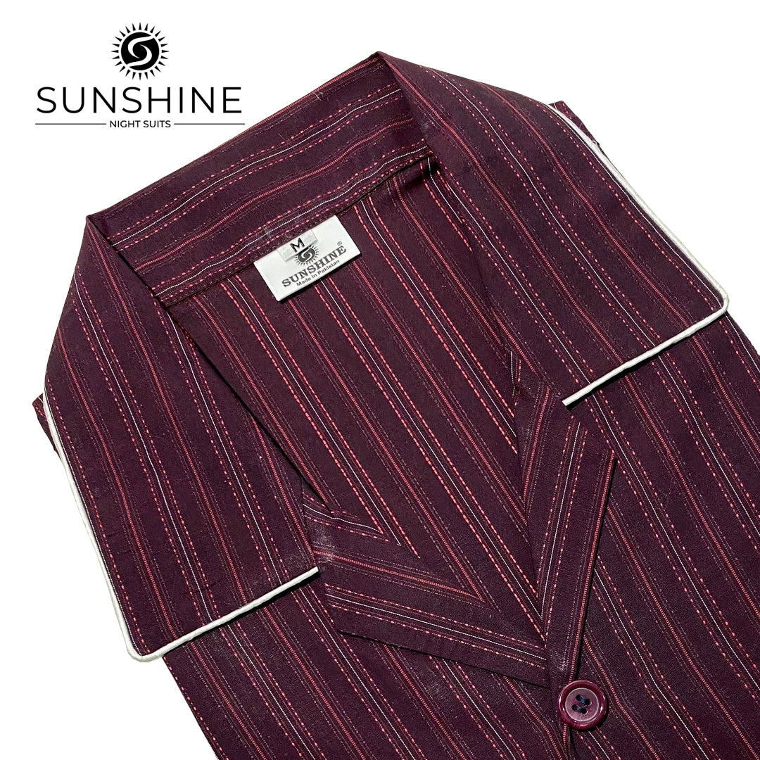 Deep maroon striped 100% cotton men’s night suit with white piping – MCN-75 by Sunshine Night Suits.