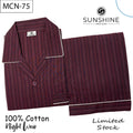 Deep maroon striped 100% cotton men’s night suit with white piping – MCN-75 by Sunshine Night Suits.
