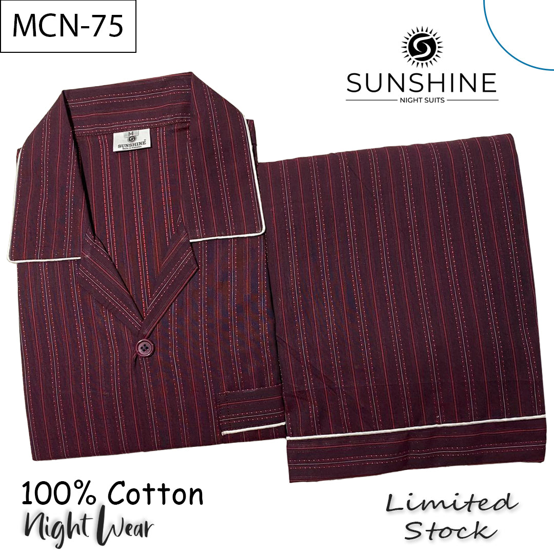 Deep maroon striped 100% cotton men’s night suit with white piping – MCN-75 by Sunshine Night Suits.