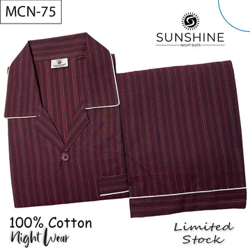 Deep maroon striped 100% cotton men’s night suit with white piping – MCN-75 by Sunshine Night Suits.