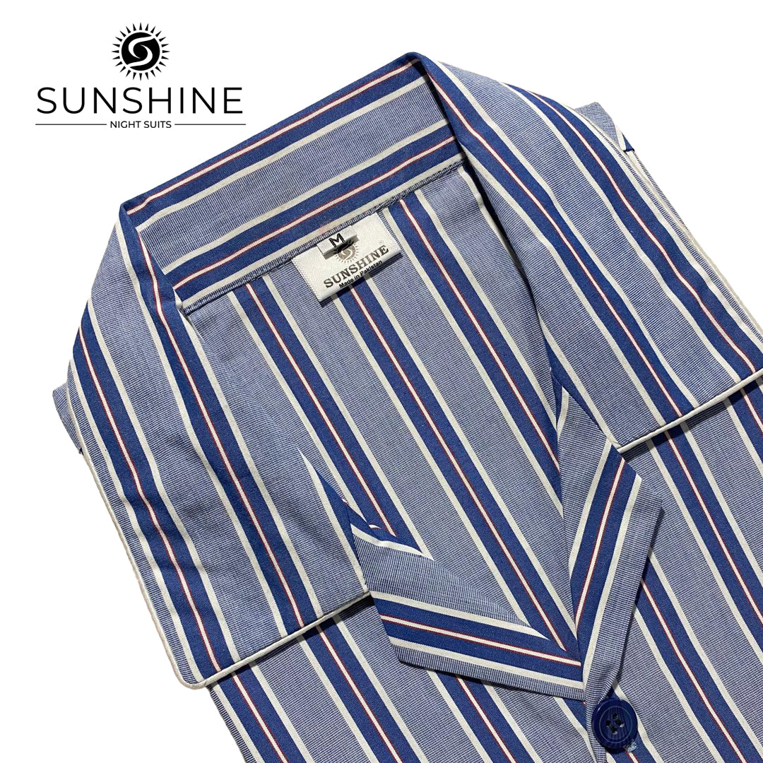 Blue striped 100% cotton men’s night suit with white piping – MCN-76 by Sunshine Night Suits.