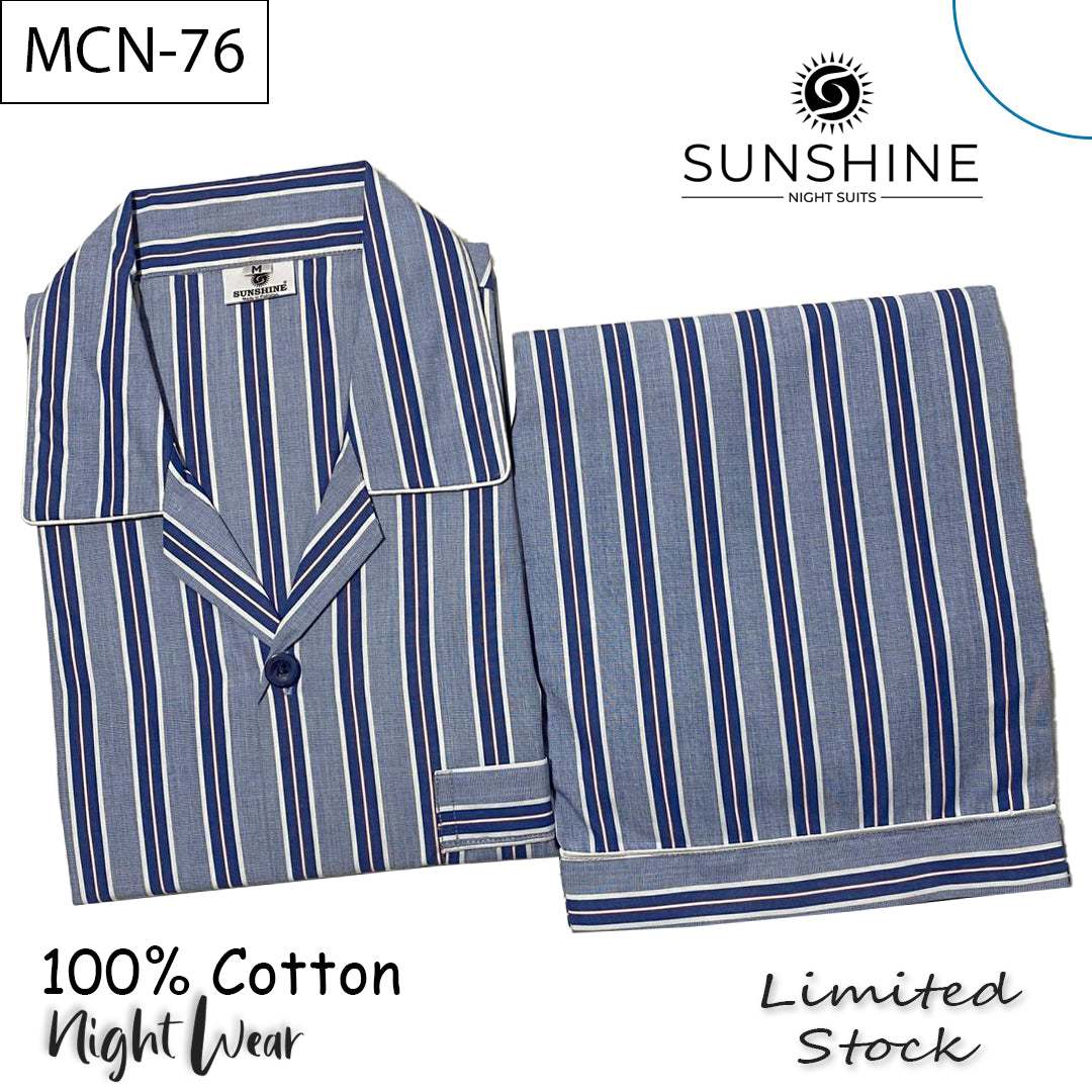 Blue striped 100% cotton men’s night suit with white piping – MCN-76 by Sunshine Night Suits.
