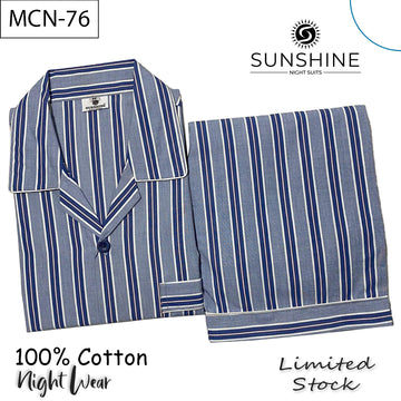 Blue striped 100% cotton men’s night suit with white piping – MCN-76 by Sunshine Night Suits.
