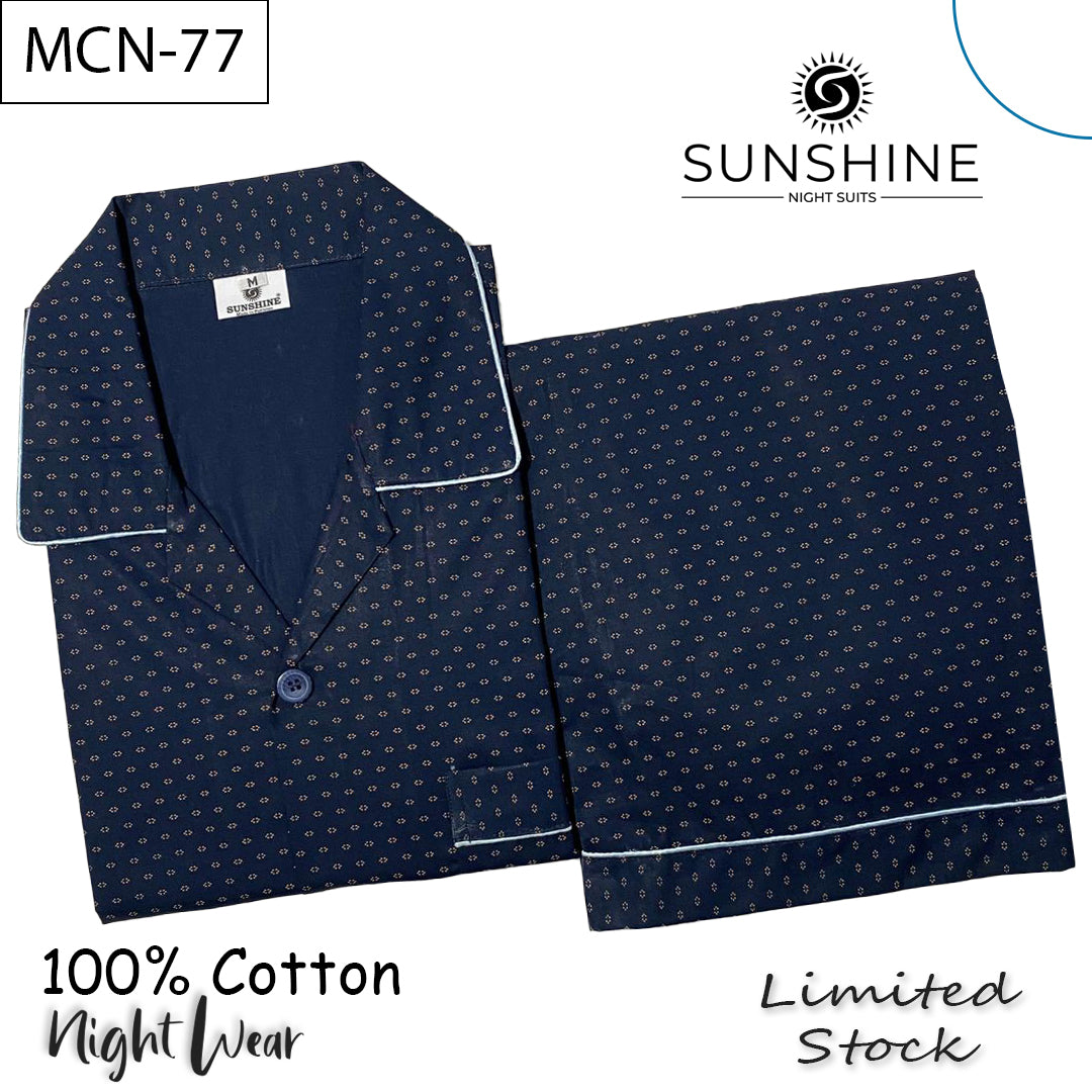 Navy blue printed 100% cotton men’s night suit with white piping – MCN-77 by Sunshine Night Suits.