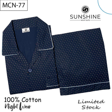 Navy blue printed 100% cotton men’s night suit with white piping – MCN-77 by Sunshine Night Suits.