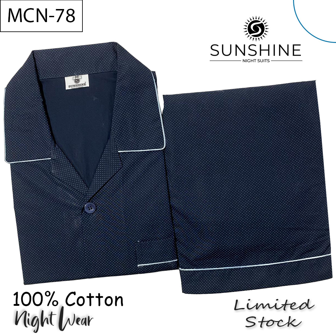 Navy blue micro-dot printed 100% cotton night suit for men (MCN-78) folded set with white piping – Sunshine Night Suits.