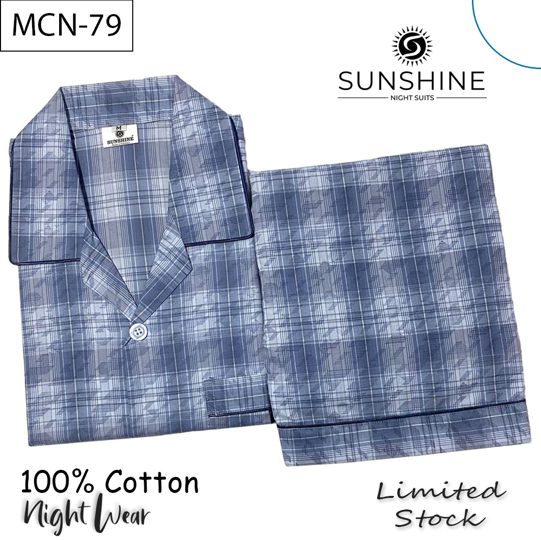 Grey blue check printed 100% cotton night suit for men – MCN-79.