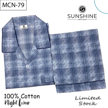 Grey blue check printed 100% cotton night suit for men – MCN-79.