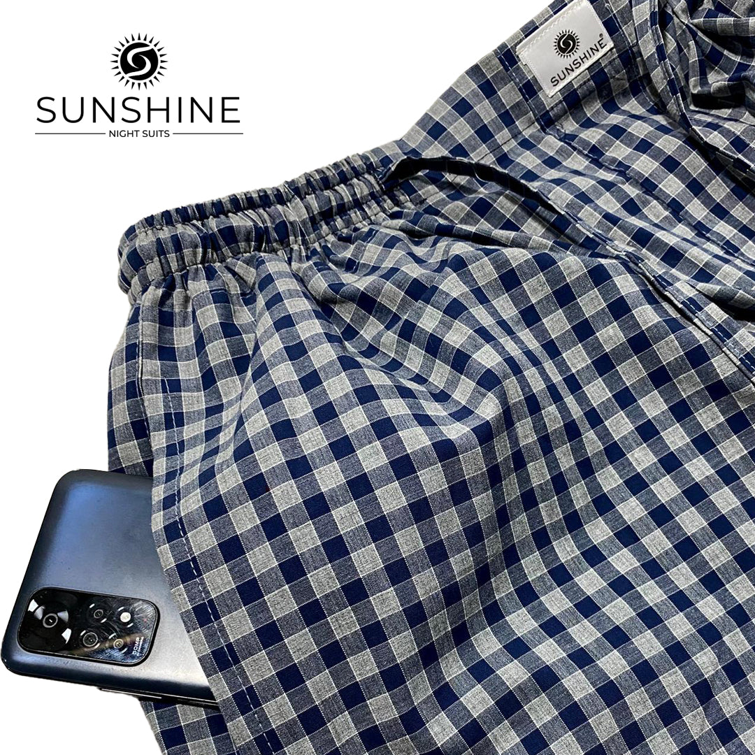 rey Blue Check 100% Cotton Trousers (MCT-24) – Stylish men’s casual trousers made from soft, breathable pure cotton fabric featuring a grey and blue check pattern, perfect for everyday comfort.