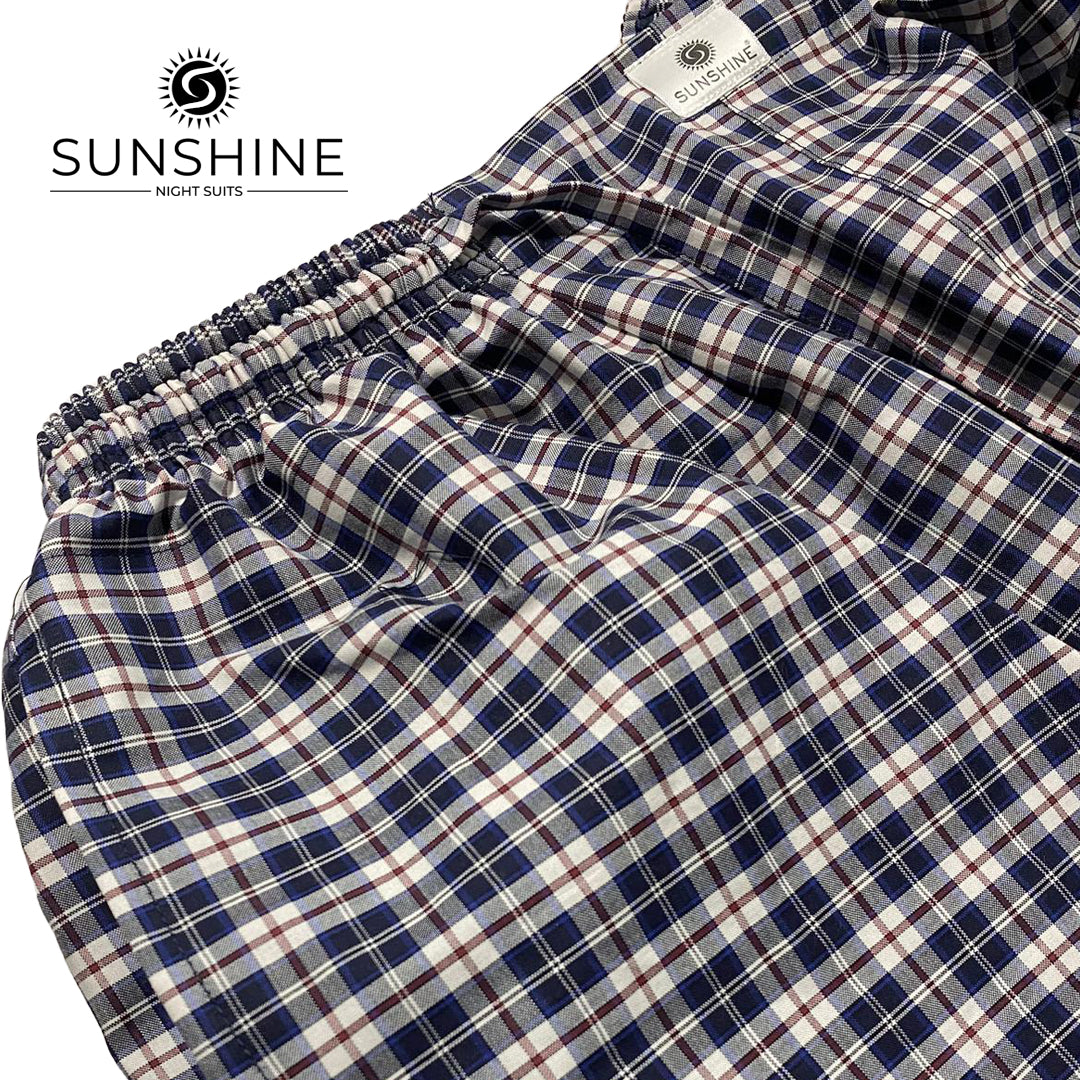 Navy Maroon Check 100% Cotton Trousers – MCT-53 featuring a navy, maroon, and white check pattern with an elastic waistband and matching drawstring.