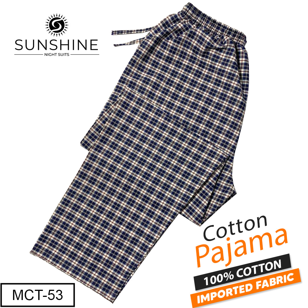 Navy Maroon Check 100% Cotton Trousers – MCT-53 featuring a navy, maroon, and white check pattern with an elastic waistband and matching drawstring.