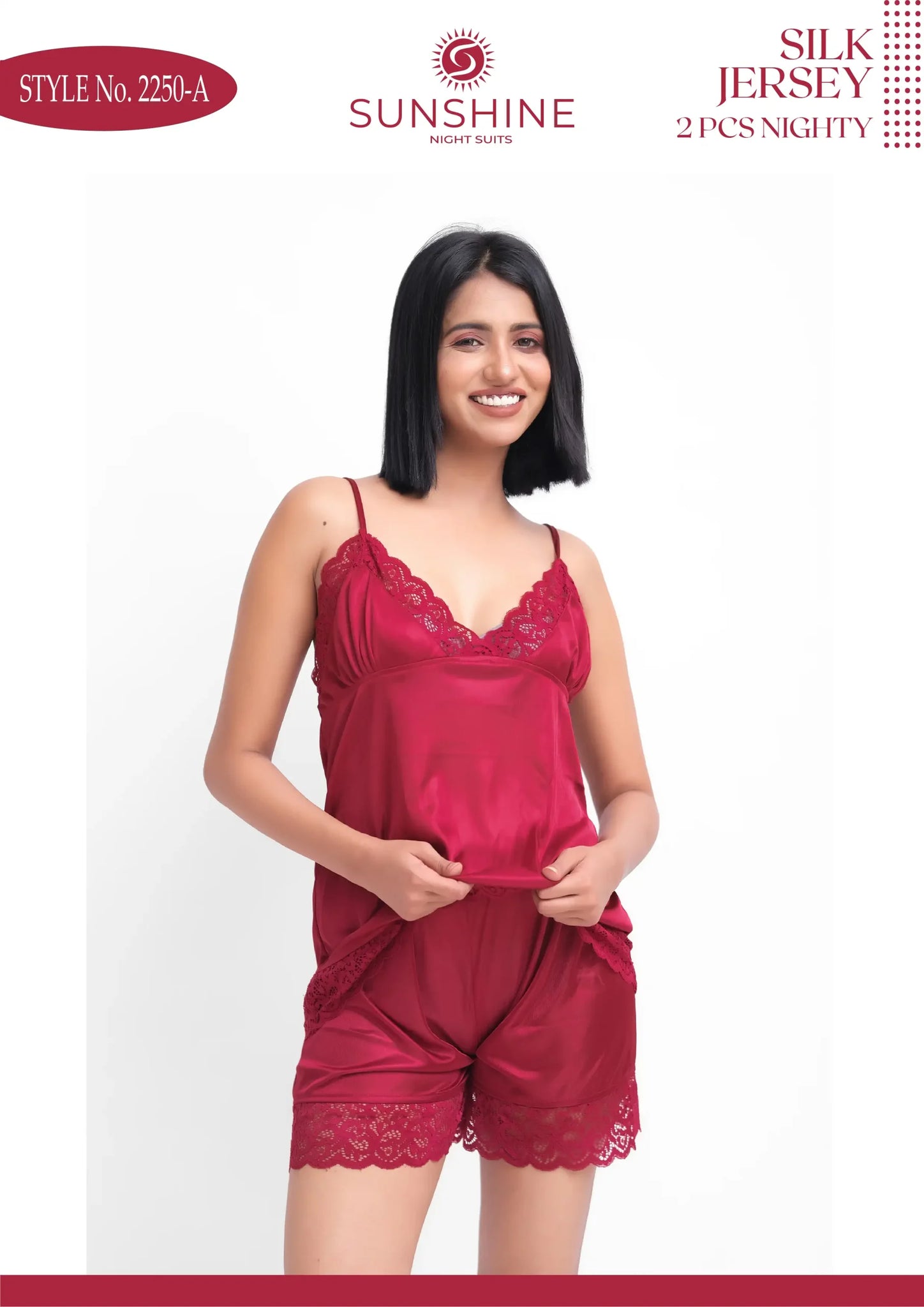 Maroon Silk Jersey Cami Short 2250-A with lace neckline for ultimate comfort and style.