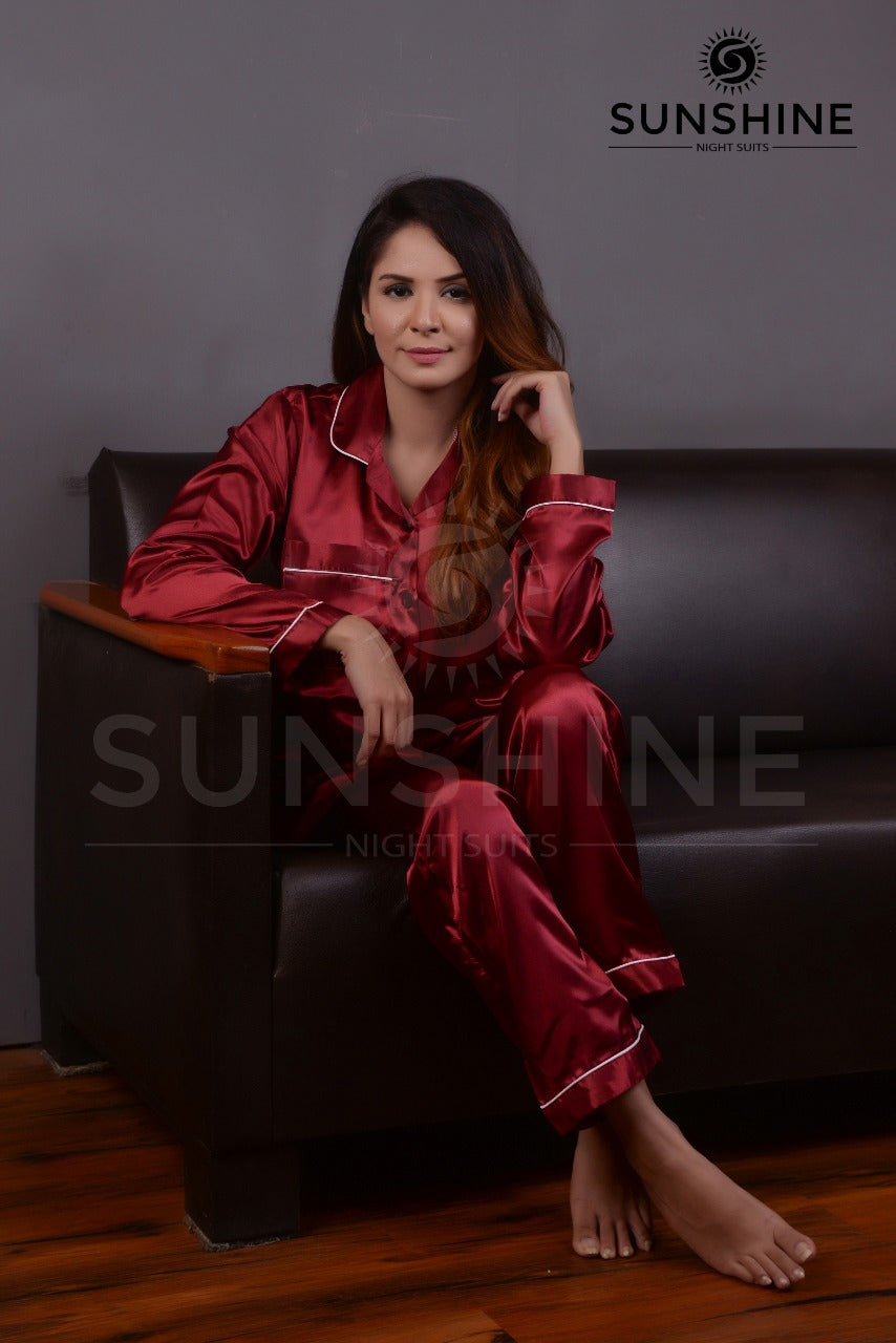 Purchase Maroon Silk Pajamas for Women Online at MaaRss.Explore our collection of premium black silk pajamas tailored for women. This set includes a stylish button-down long-sleeve top and relaxed-fit pants. Elevate your sleepwear with these luxurious and