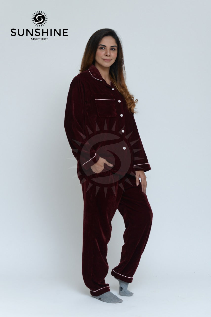 Velvet Nightwear Set For Women Maroon